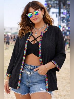 Black Embellished Festival Jacket Colorful Gem Trim Rave Boho Analogy 2X artwear